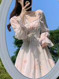 Ebbgo  2024 Summer New Vintage Floral Dress Women Long Sleeve Sweet Elegant Midi Dress Lady Party Holidays Dress Korean Fashion