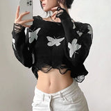 Ebbgo  Black Sexy Crop Knit Women's Sweater Fall And Winter  Butterfly Design Korean Style Pullover Soft Sweaters