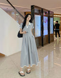 Ebbgo  -  Summer Maxi Dresses for Women French Fashion Elegant Dress V-neck Short Sleeve Office Lady Long Dress