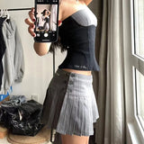 Ebbgo    Vintage Y2k Striped Pleated Skirt Women Sexy Preppy Style Low Waist Button Slim A-line Micro Mini Skirt Streetwear