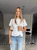 Ebbgo  -  White Fold T-shirt For Women Summer Short Sleeve O-neck Slim Female Blouse Tops Fashion Match All Casual Lady Streetwear