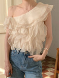 Ebbgo  S-M Apricot Blouses Ruffles Daily Summer Gentle Skew Collar Tank Tops Slim  New Elegant Office Lady Chic Solid