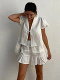 Ebbgo  -  Cotton Linen Mini Skirts Set Women Casual Loose V Neck Lace Up Puffy Sleeves Tops Summer Fashion Chic Set 2 Pieces Lady