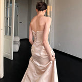 Ebbgo   -  Elegant Light Luxury Satin Wedding Dess New Women's Simple Champagne Strapless Backless Floor Length A-Line Beaded Vestido