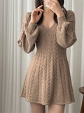 Ebbgo  -  V-neck Dress Women Casual Twist Fashion Vintage Solid Knit Dresses Female Spring Long Sleeves Korean Knitwears Lady