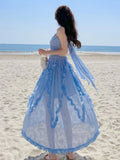 Ebbgo  -  Women Summer V-neck Backless Fairy Dress Vintage Blue Ruffles Holiday Beach Spaghetti Strapped Dresses Elagant Party Dress