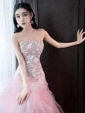 Ebbgo  -  Evening dress super-fairy floral tube top pink light luxury banquet temperament princess dresses l0909