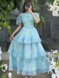 Ebbgo  Women Summer Blue Puff Mesh Cake Dress Layers Princess Dress Prom Cocktail Dresses vestido longo платье вечернее Party festa