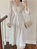 Ebbgo  Vintage Long Dresses Women Elegant White Lace Dress Female Summer Long Sleeve V Neck Dress Ladies Slim Wedding Evening Vestidos