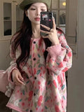 Ebbgo  -  Vintage Cardigan Women Flower Loose Korean Soft Sweet Knit Sweater Female Winter Chic Long Sleeves Lazy Knitwears Lady