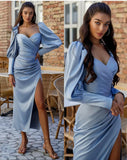 Ebbgo  -  Classic Long V Neck Satin Evening Dresses With Slit Sheath Pleated Tea Length Prom Formal Dress For Women Robes De Soirée