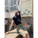 Ebbgo  2024 Summer Korean Fashion Plaid Midi Skirt Women  Harajuku Pleated Skirt Casual Academic Aesthetic Y2k Clothes Korean Outfits