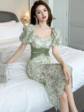 Ebbgo  French Sweet Green Midi Dresses for Women Bubble Sleeve Tull Gauze Embroidery Exquisite Lace Robe Femme Party Banquet Vestidos