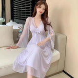 Ebbgo  V-Neck Nightgown Women Long Sleeve Sleepwear Bathrobe Dressing Gown Lingerie Court Style Summer Mesh Nightdress Loungewear