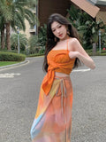 Ebbgo  -  Summer Korean Chic Beach Crop Top 2 Piece Set Women Fashion Lace Up Skirt Backless Orange Blouse Outfits Female Clothes