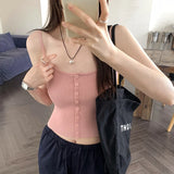 Ebbgo  -  Women's Summer New Sweet Knitted Tanks Tops Solid Color Slim Tops All-match Button Short Vest Sleeveless T-shirts Camisole