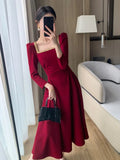 Ebbgo  -  Women Casual Folds Midi Dress French Elegant Long Sleeve A Line Party Dresses Spring Autumn Vintage Solid Clothes Female