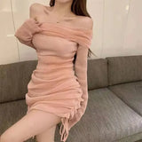 Ebbgo  Sexy Slim Slash Off Shoulder Women's Long Sleeve Drawstring Pleated Hip Wrap Pink Mesh Dress Mini Party Prom  Evening Robe