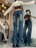 Ebbgo  Sweet Cool Colorful Diamond Jeans Women 2024 Autumn New Low-waisted Denim Pants Y2k Grunge Straight Casual Flare