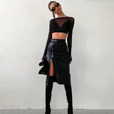 Ebbgo   Black PU Leather Bodycon Pencil Skirts Women Streetwear Vintage Sexy Zipper High Split High Waist Midi Skirt with Belt