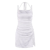 Ebbgo  - Spaghetti Strap Jacquard Satin Dress White Bodycon Birthday Party Dresses Mini Lace Up Summer Dresses Women