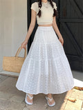 Ebbgo  Summer White Maxi Skirts Embroidery Florals Chic Loose Elastic Waist Gentle Mujer Casual All Match Streetwear