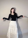 Ebbgo  -  New Spring Elegant Two Piece Set Women Black Short Tops + Cake Skirt Lace Patchwork Ruffles Long Skirts Suits