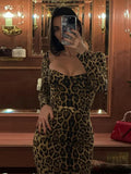 Ebbgo  -  Leopard Print Long Dress Women Sexy V-neck Slim Long Sleeve Square Collar Party Club Dresses Summer Lady Fashion Vestidos