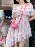 Ebbgo  Floral Kawaii Lolita Party Mini Dress Women Print Ruffles Korean Sweet Cute Fairy Dress Off Shoulder Elegant Dress Summer