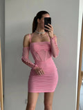 Ebbgo  - Elegant Off The Shoulder Mesh Dress Sexy Halter Boning Bodycon Birthday Party Dresses Pink Summer Dresses Women