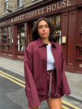 Ebbgo  -  fall outfits Women's Wine Red Zipper Lapel Jacket Casual Oversize Long Sleeve Pockets Short Coats Ladies Commute Office Outerwears