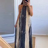 Ebbgo  -  Summer Beach Loose Sleeveless Robe Dresses Sexy Hollow Backless Printed Long Dress Vintage Women's Halter Bohemian Dress