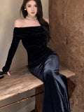 Ebbgo  Retro Velvet Long Dresses For Women Slash Neck Long Sleeve Bodycon Mermaid Autumn Winter Sexy Evening Party Prom Robe Vestidos