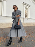 Ebbgo  -   Elegant Grey Pleated A-line Maxi Skirt Suits Chic Stand Collar Pockets Buttons Jackets Sets Lady Autumn Commute Streetwear