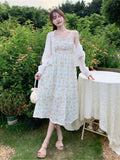 Ebbgo   Summer French Elegant Lace-up Floral Midi Dress Women Beach Vintage Strap Dresses Lady Korean Sweet Fairy Party Dress Chic