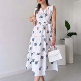 Ebbgo  -  Vintage Fashion Geometric Print Summer Dress Women V Neck High Waist Belted Long Dress Spring Butterfly Sleeve A-Line Maxi Dress