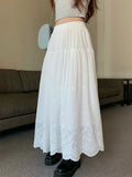 Ebbgo  White Hollow out Embroidery Cake A-line Skirt For Women Spring Summer Elastic Waist Y2k Vintage Swing Long Skirts