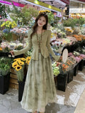 Ebbgo  -  Summer Chinese Style Elegant Fairy 3 Pieces Sets Vintage Long Sleeve Slim Cardign+Tanks+High Waist Print Floral Midi Skirts Suit