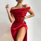 Ebbgo  -  High Quality Satin Bodycon Dress Elegant Women Party Dress Red Off The Shoulder Sexy Dress Celebrity Evening Night Dresses