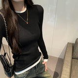 Ebbgo  -  Korean Fashion Fake Two Pieces T-Shirts Women Chic Design Knit Tops Long Sleeve Contrasting Colors Slim Top Tees