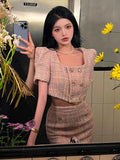 Ebbgo  Temperament Coarse Woolen Top Hip Wrap Skirt Two-piece Set Women Square Neck Bubble Sleeve Double Breasted Split Korean Slim Set