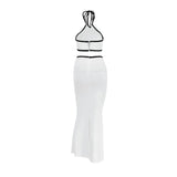 Ebbgo  -  Skirt Two Piece Set Women New Autumn White Sexy Sleeveless Halter Corset Elastic Waist Fashion Zipper Split Slim Elegant Skirt