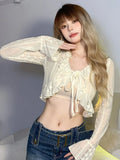 Ebbgo  Pure Colour Kawaii Vintage Cardigan Women Ruffles Lace Japanese Sweet Tops Female Flare Sleeve Korean Casual Clothing  New