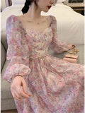 Ebbgo  -  French Vintage Long Sleeve Dress Woman Fairy Elegant Floral Midi Dress Evening Party One Piece Korean Summer Chiffon Beach