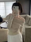 Ebbgo  -  Off Shoulder Top Women Soft Slim Street Chic Slash Neck T-shirt Female Spring Autumn Casual Solid Sexy Knitwears Lady