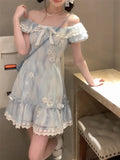 Ebbgo  -  Kawaii Japanese dress lolita y2k Sweet Blue Floral Dress Women Casual Evening Party One Piece Dress Korean Fashion Summer