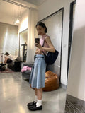 Ebbgo  Summer Pleated Skirt Women Girls Blue Jeans Midi Knee-length Denim Skirt A-line Long Skirt Y2k Korean Vintage Skirt