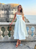 Ebbgo  - elegant and pretty women's dresses Midi White Vacation Dress Spaghetti Strap Beach Dress A Line Party Dresses