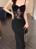 Ebbgo  Sexy Bodycon Spaghetti Strap Midi Dress Women Mesh Patchwork Slim Ruffles Mermaid Summer Evening Party Dresses Prom Robe New