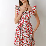 Ebbgo  -  Holiday Beach Floral Print Ruffle Long Dress Women Spring Square Collar Button Party Dress Summer Puff Sleeve Ruffled Boho Dress